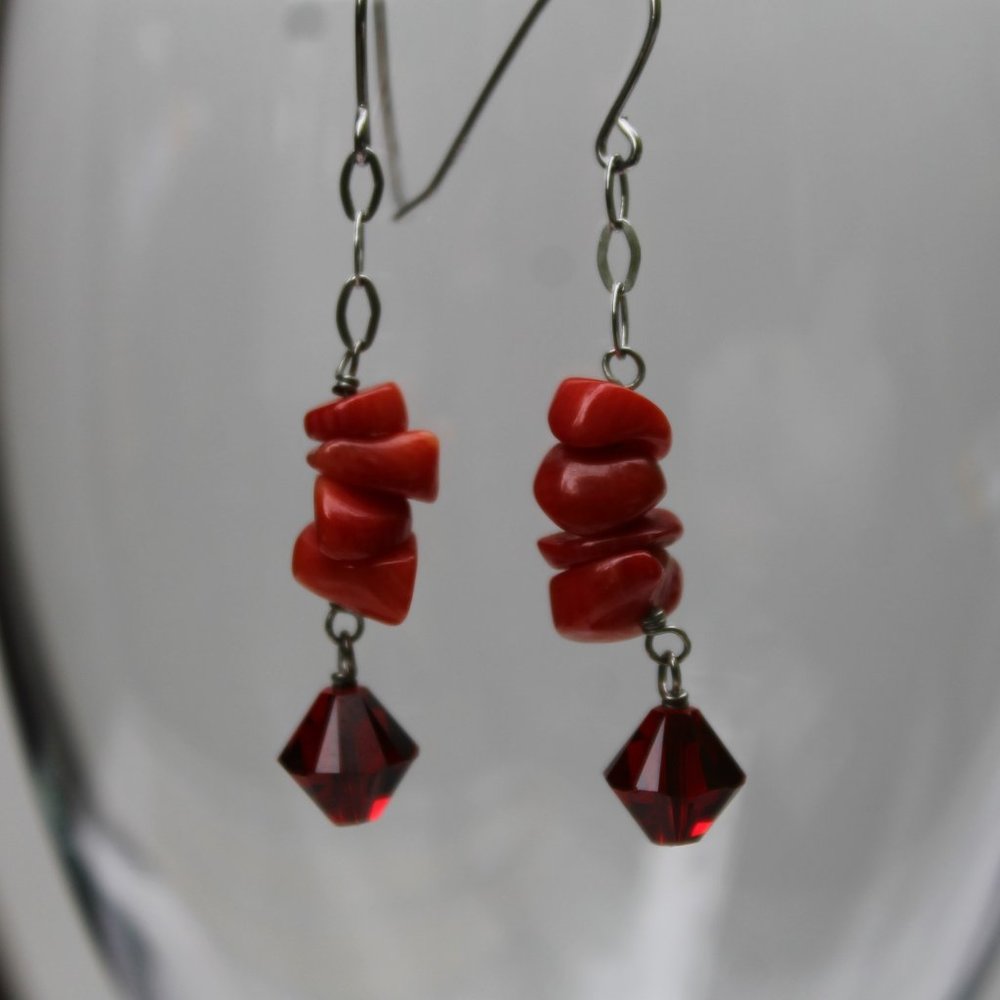 Red Agate and Silver Dangle Earrings